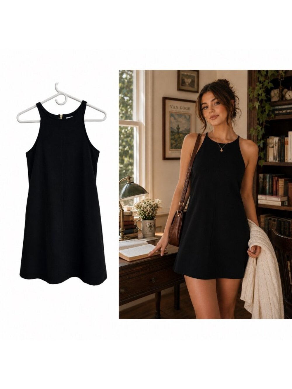 Brigitte Bailey Black Sleeveless A-Line Dress Gold Back Zipper Preppy Old Money